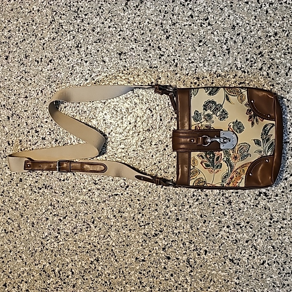 Chaps Floral Denim Crossbody/Shoulder Purse. Adjustable. 3 divided pockets.